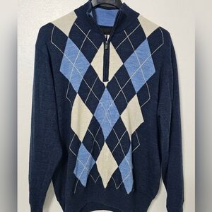 FootJoy FJ 100% Wool Argyle Quarter Zip Sweater Large Navy Blue Golf Pullover